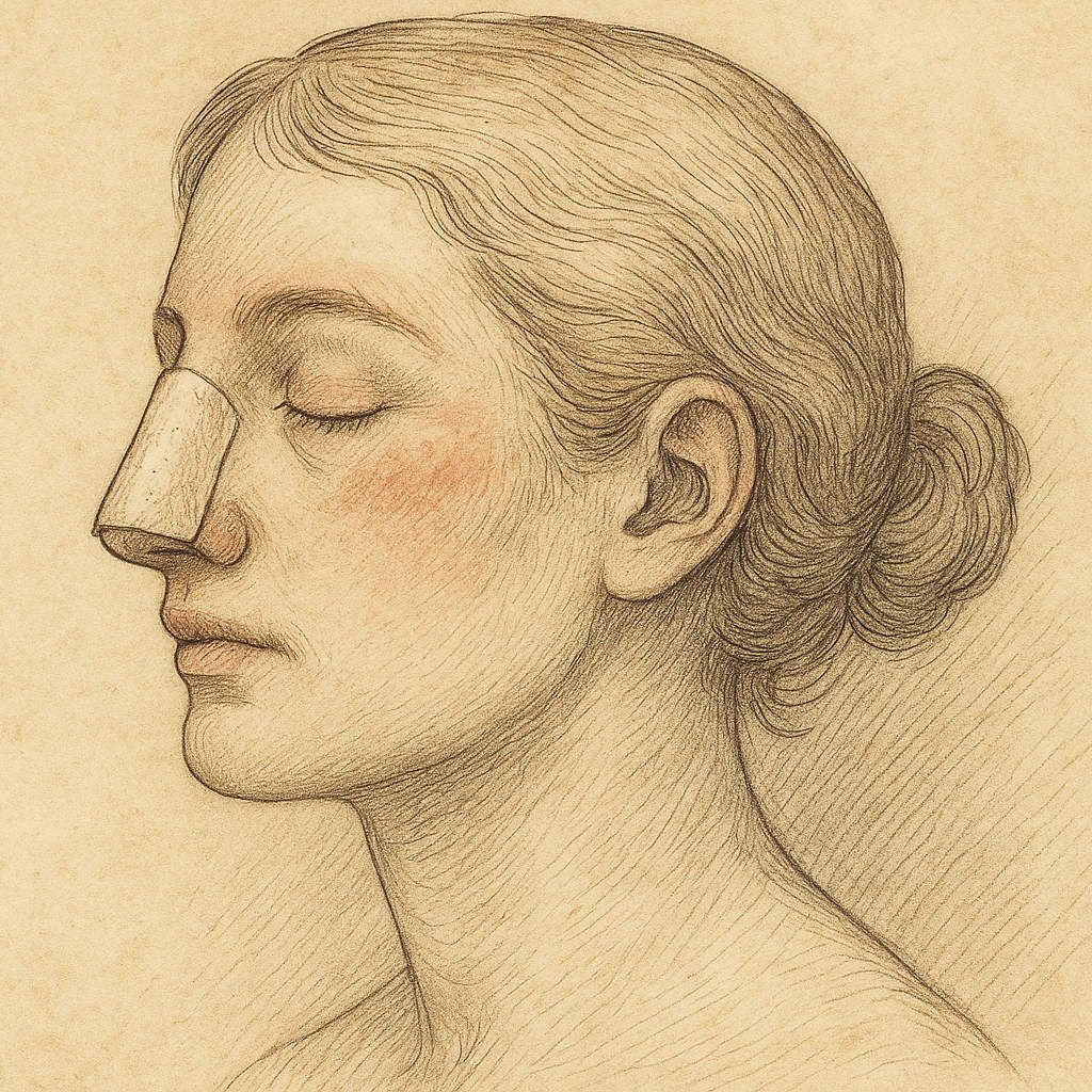 Seitliches Porträt einer jungen Person mit Nasenschiene und leicht geschwollenem Gesicht nach Nasenkorrektur – gezeichnet im Stil eines medizinischen Kupferstichs, ruhig und würdevoll