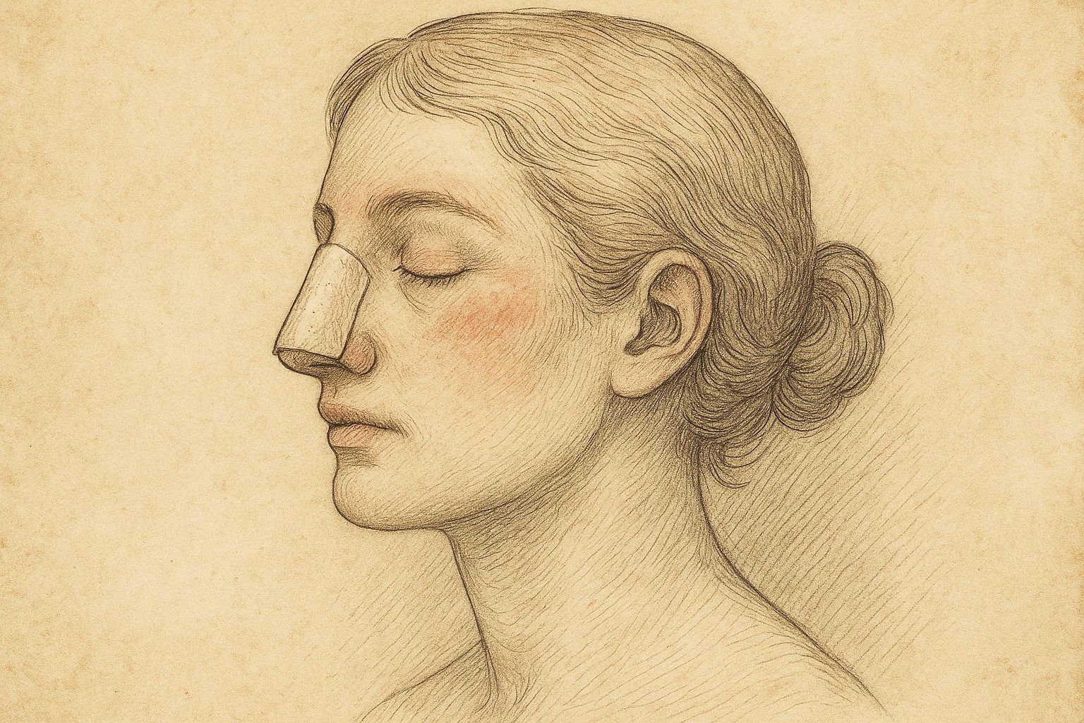 Seitliches Porträt einer jungen Person mit Nasenschiene und leicht geschwollenem Gesicht nach Nasenkorrektur – gezeichnet im Stil eines medizinischen Kupferstichs, ruhig und würdevoll