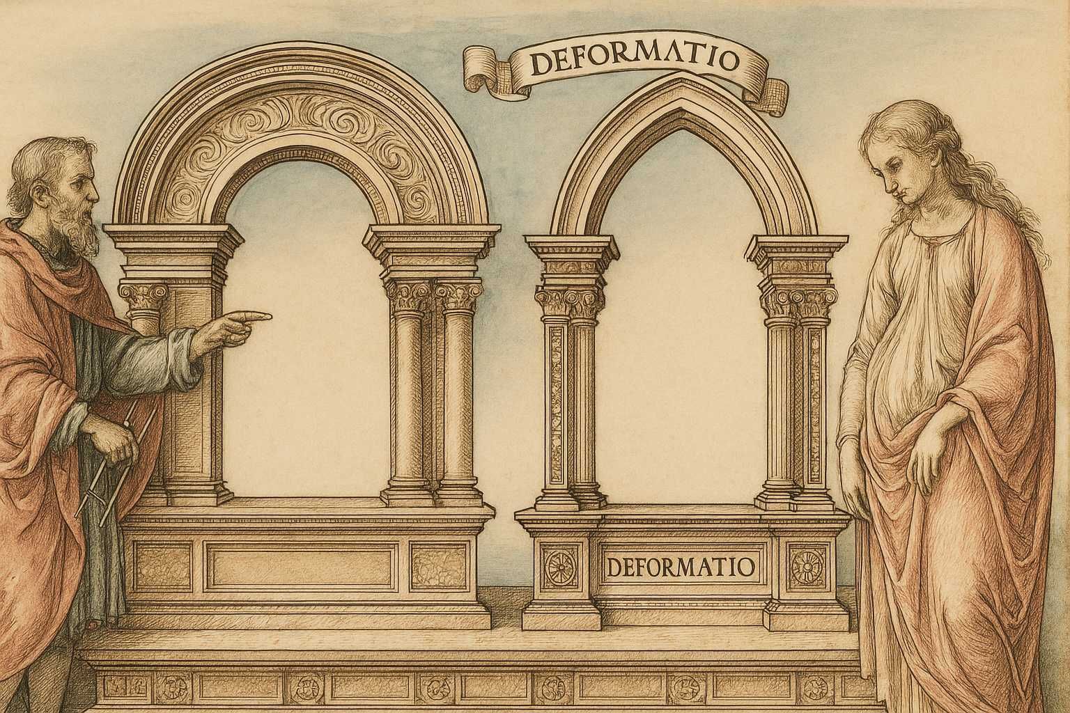 Allegorische Darstellung der Spannungsnase als architektonischer Vergleich zweier Rundbögen: Links ein harmonisch geschwungener Bogen mit reicher Ornamentik, rechts ein deformierter, überhöhter Spitzbogen. Ein Gelehrter mit Zirkel weist erklärend auf die Fehlform hin, eine Frau blickt nachdenklich auf die Deformierung. Renaissance-Illustration im Stil von Albrecht Dürers Triumphwagen Kaiser Maximilians I., mit feiner Lavierung in Ocker, Blau und Rosé.