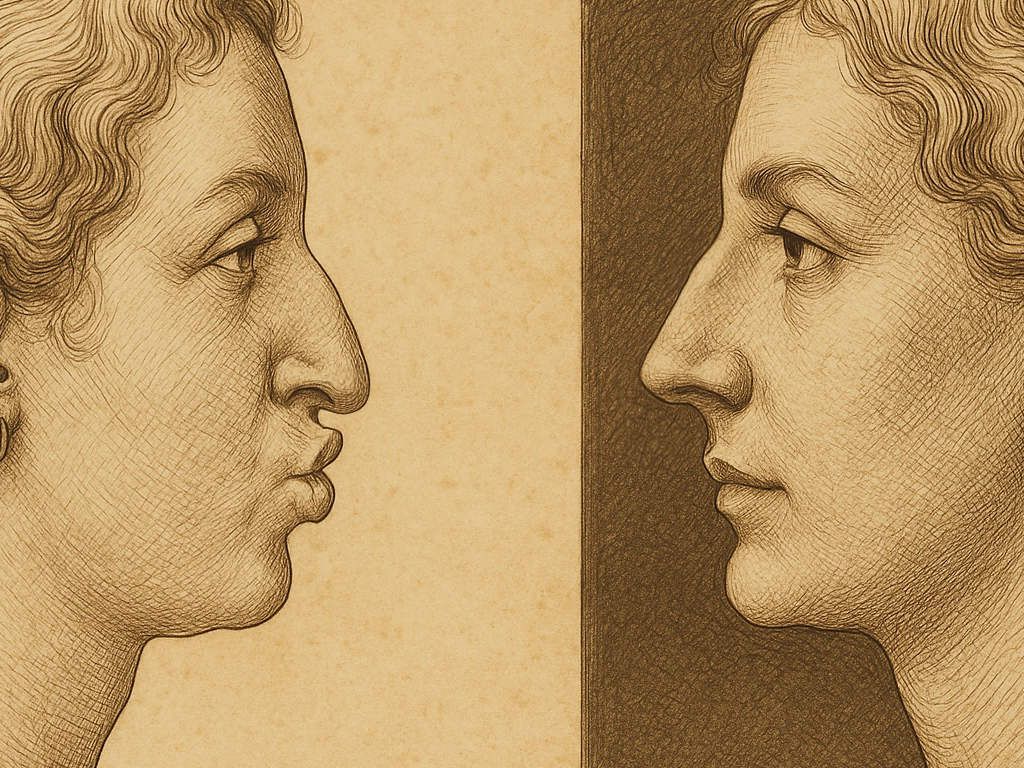 Renaissance-inspirierte Federzeichnung: Profilansicht einer Frau mit Spannungsnase – rechts in Ruheposition mit langem Septum und Höcker, links beim Sprechen mit nach unten gezogener Nasenspitze durch Muskelspannung der Oberlippe