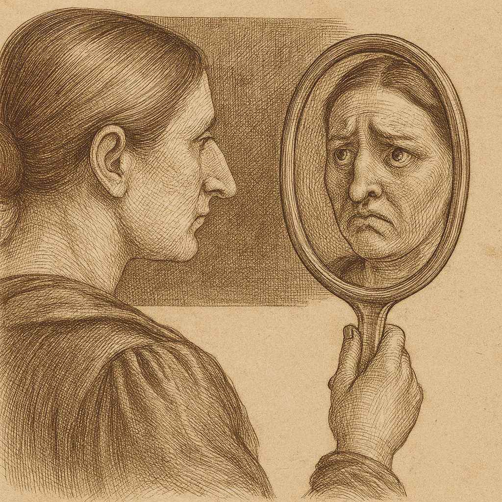 Kupferstichartige Darstellung einer unzufriedenen Frau nach missglückter Nasenoperation – Symbolbild für ästhetische Nasennachkorrektur bei Dr. Jacob Brügel, Nürnberg