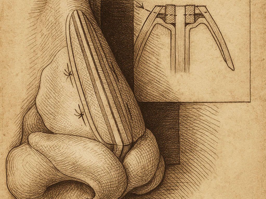 Anatomische Illustration einer strukturellen Rhinoplastik mit Spreader Grafts – Renaissance-Stilzeichnung der Nasenrekonstruktion zur funktionellen und ästhetischen Stabilisierung