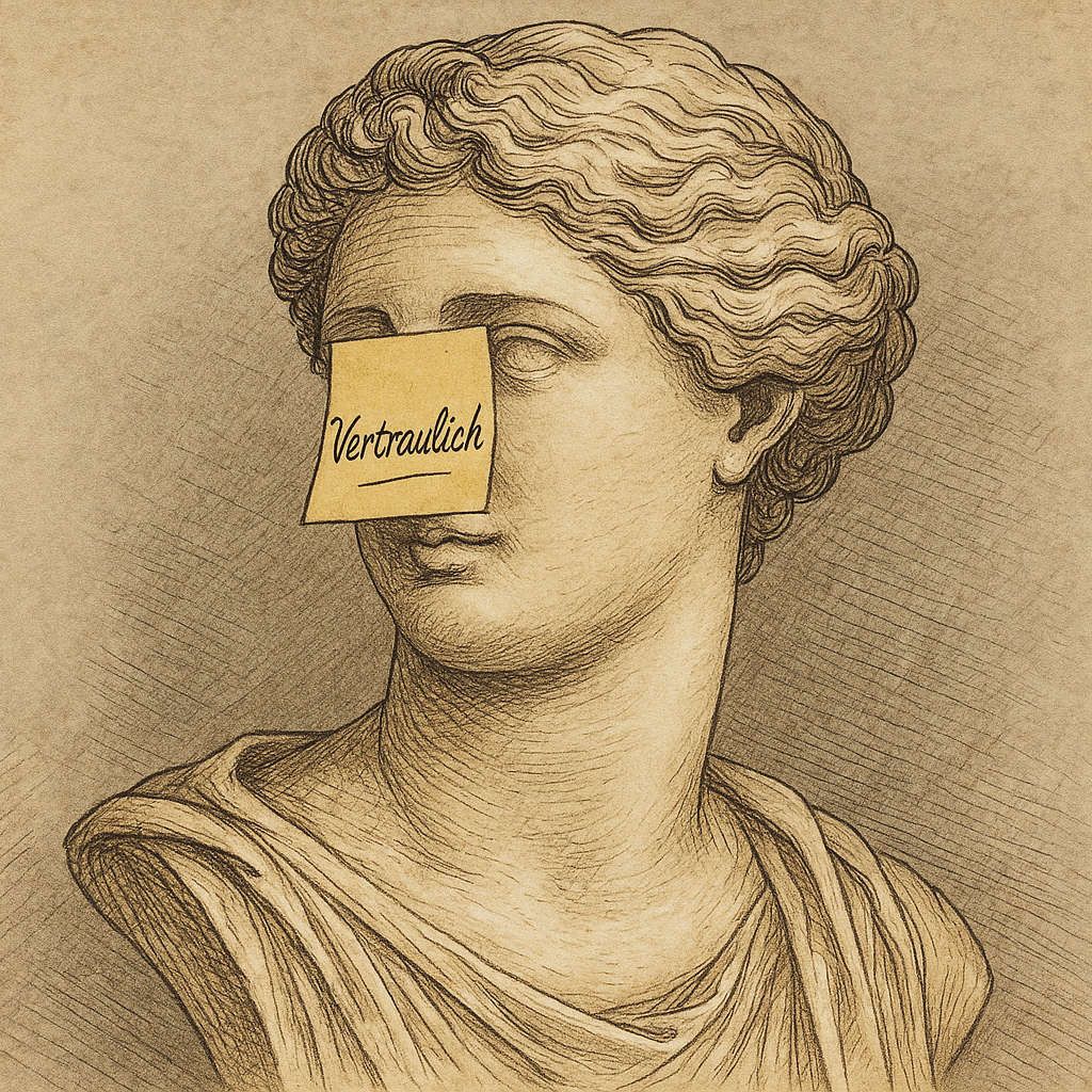 Antike Skulptur mit verdeckter Nase als Hinweis auf das gesetzliche Verbot von Vorher-Nachher-Bildern bei Nasenkorrekturen – dargestellt mit einem Post-it über der Nase, im Stil klassischer Kupferstichzeichnungen