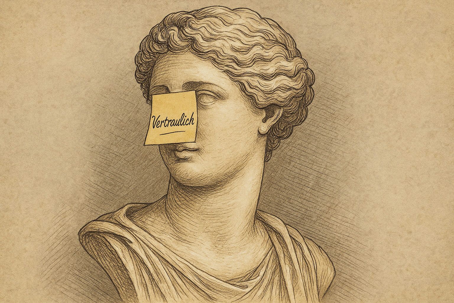 Antike Skulptur mit verdeckter Nase als Hinweis auf das gesetzliche Verbot von Vorher-Nachher-Bildern bei Nasenkorrekturen – dargestellt mit einem Post-it über der Nase, im Stil klassischer Kupferstichzeichnungen