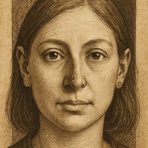 ederzeichnung im Stil Albrecht Dürers: Frontalansicht einer Frau mit dezent schiefer Nase, auf gealtertem Pergament, mit feiner Schraffur und natürlicher Lichtführung – medizinisch-ästhetische Studie zur Nasenasymmetrie