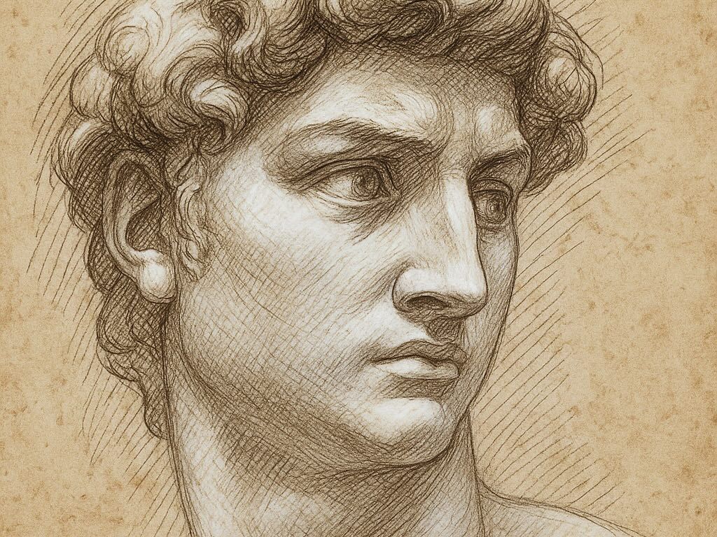 Fiktive Federzeichnung im Stil von Dürer: Gesicht des David von Michelangelo mit charakteristischer Höckernase – Beispiel klassischer Schönheit.