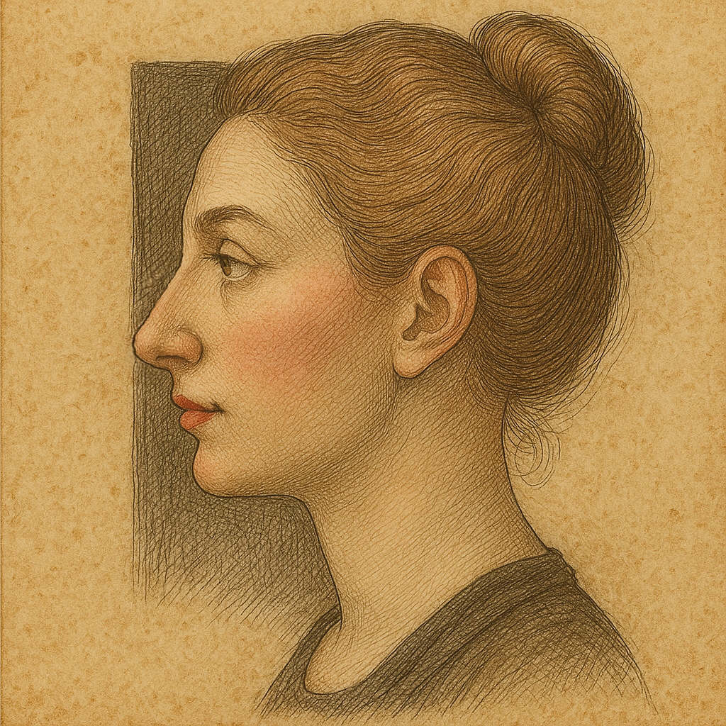 Kupferstichartige Illustration einer Frau mit harmonischer Nase – Symbolbild für ästhetische Nasenkorrektur in Nürnberg durch HNO-Facharzt Dr. Jacob Brügel