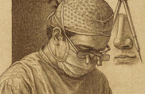 Renaissance-inspirierte Zeichnung von Dr. Jacob Brügel bei einer ästhetischen Nasenoperation – in klassischer Kupferstichtechnik mit feiner Schraffur. Im Hintergrund: Zirkel und stilisierte Nasenstudie als Symbol der Zusatzbezeichnung ‚Plastische Operationen‘.