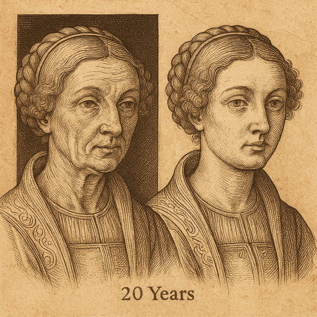 Vorher-Nachher-Bild: gealtertes Gesicht links, verjüngt rechts – Stil Dürer, Thema regenerative Medizin