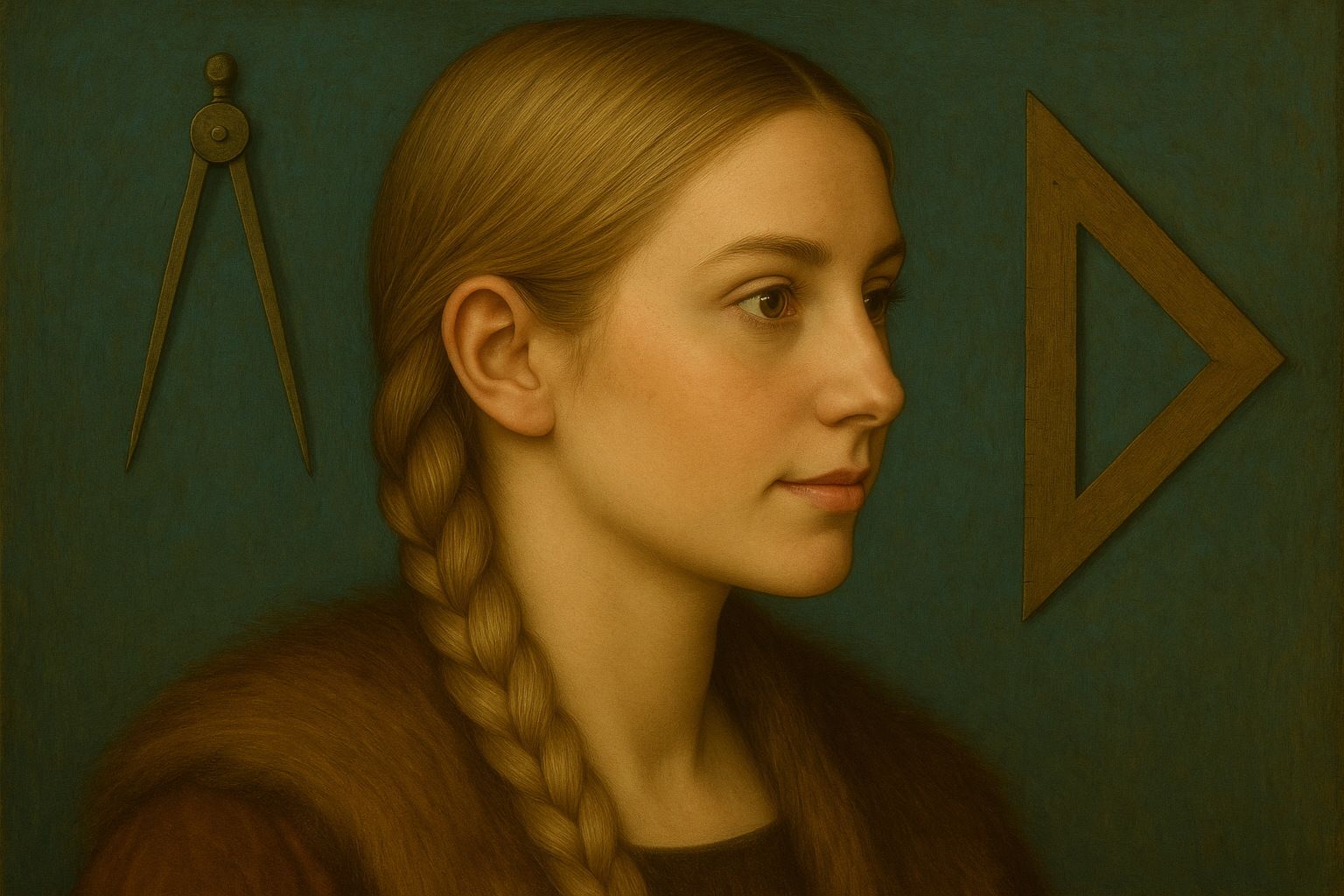 Ölgemälde einer schönen Frau mit harmonischer Nase und Geodreieck – Darstellung nach Albrecht Dürer, Symbol für natürliche Proportionen des Gesichts