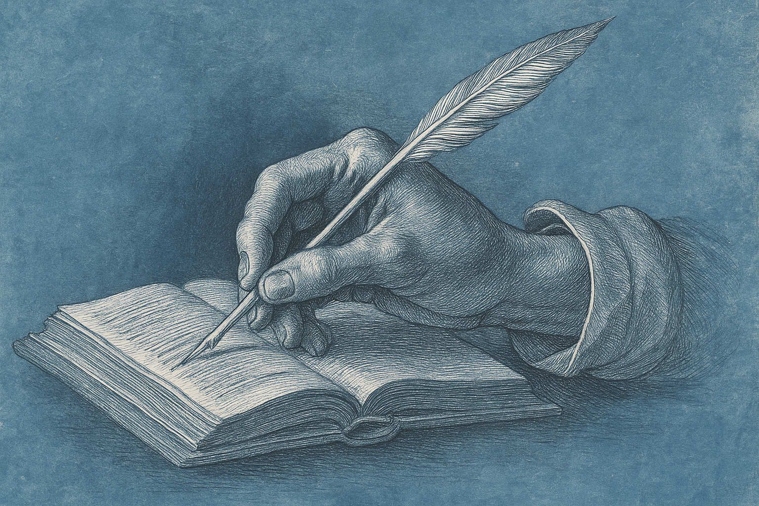 Historisierende Federzeichnung eines aufgeschlagenen Buches auf Schreibpult, inspiriert von Albrecht Dürers Kupferstichen – Symbol für Wissen und chirurgische Methodik
