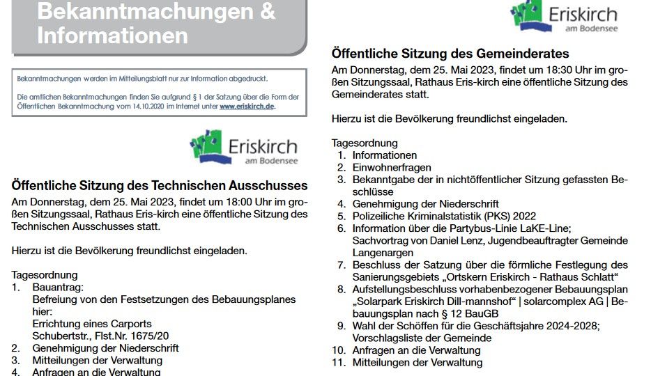Information zu den öffentlichen Sitzungen des Technischen Ausschusses und des Gemeinderates am Donnerstag, 25. Mai 2023