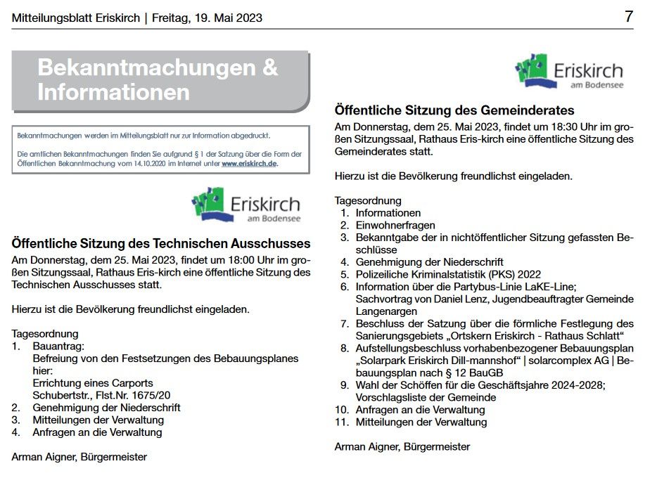 Information zu den öffentlichen Sitzungen des Technischen Ausschusses und des Gemeinderates am Donnerstag, 25. Mai 2023