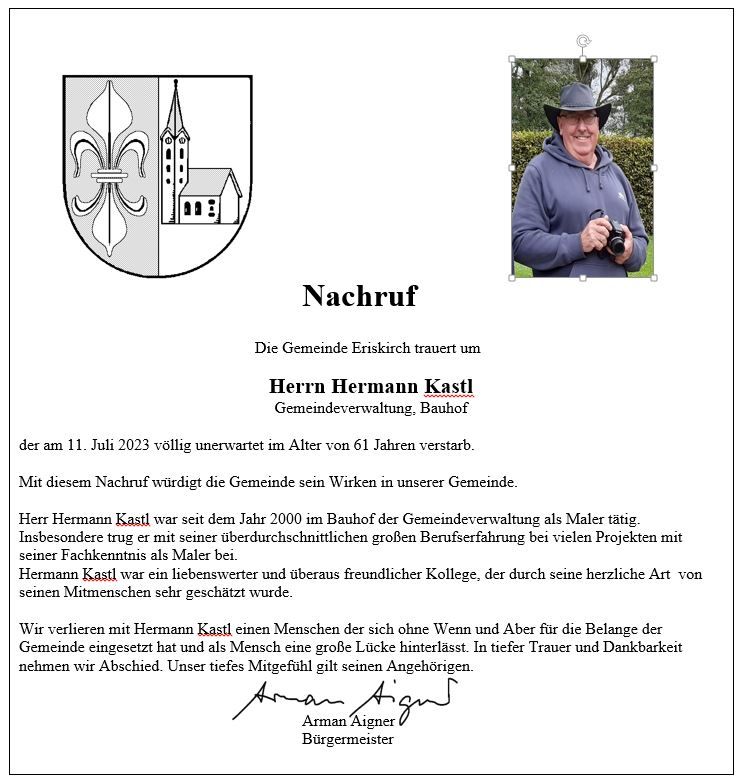 Wir trauern um Hermann Kastl