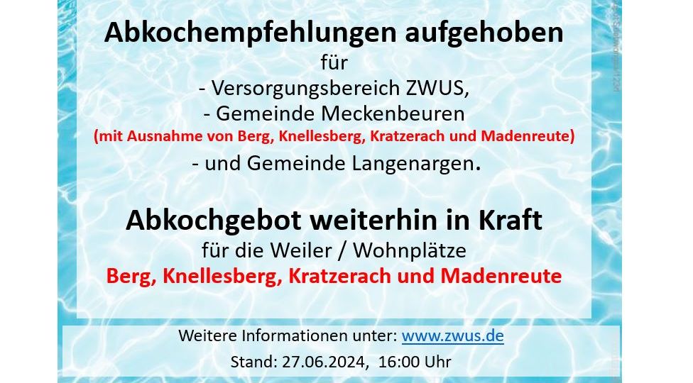 Abkochempfehlungen  für den Bereich des ZWUS vollständig aufgehoben