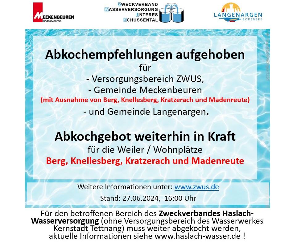 Abkochempfehlungen  für den Bereich des ZWUS vollständig aufgehoben