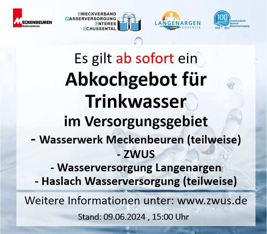 Bekanntmachung: Abkochgebot mit Sicherheitschlorung für Trinkwasser im Bereich der Wasserversorgung Unteres Schussental (ZWUS), […]
