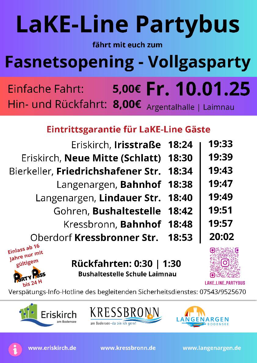 „LaKE-Line“ Partybus fährt zum Fasnetsopening nach Laimnau