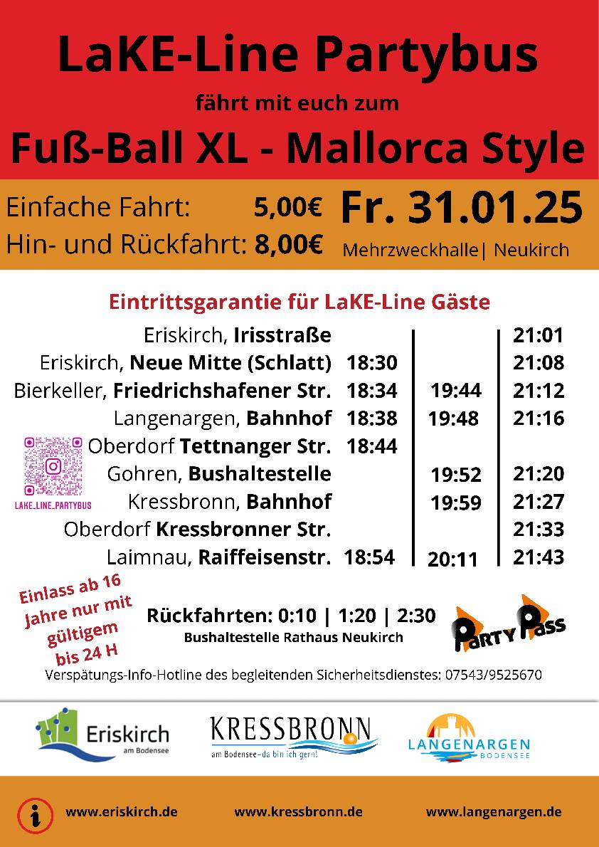 „LaKE-Line“ Partybus fährt zum Fuß-Ball XL – Mallorca Style: Feierliche Fußballnacht mit dem TSV Neukirch e.V., Abt. Fußball zur 100 Jahr Feier!