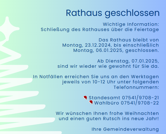 Rathaus über den Jahreswechsel geschlossen