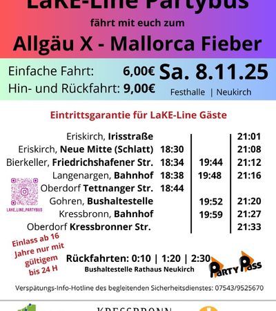 Flyer mit den Fahrtinformationen der Lake-Line. Bei Rückfragen am besten telefonisch unter der 07541 9708 0 melden. Verspätungshotline des begleitenden Sicherheitsdienstes: 07543 9525670