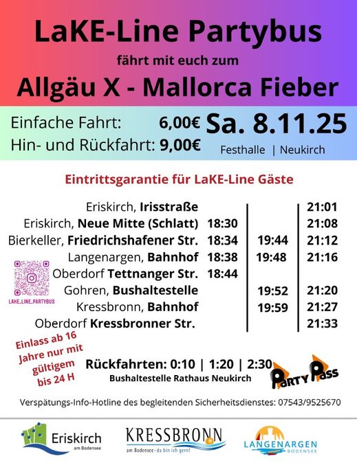 Flyer mit den Fahrtinformationen der Lake-Line. Bei Rückfragen am besten telefonisch unter der 07541 9708 0 melden. Verspätungshotline des begleitenden Sicherheitsdienstes: 07543 9525670