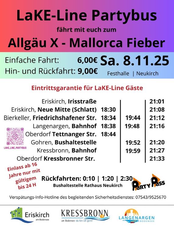 Flyer mit den Fahrtinformationen der Lake-Line. Bei Rückfragen am besten telefonisch unter der 07541 9708 0 melden. Verspätungshotline des begleitenden Sicherheitsdienstes: 07543 9525670