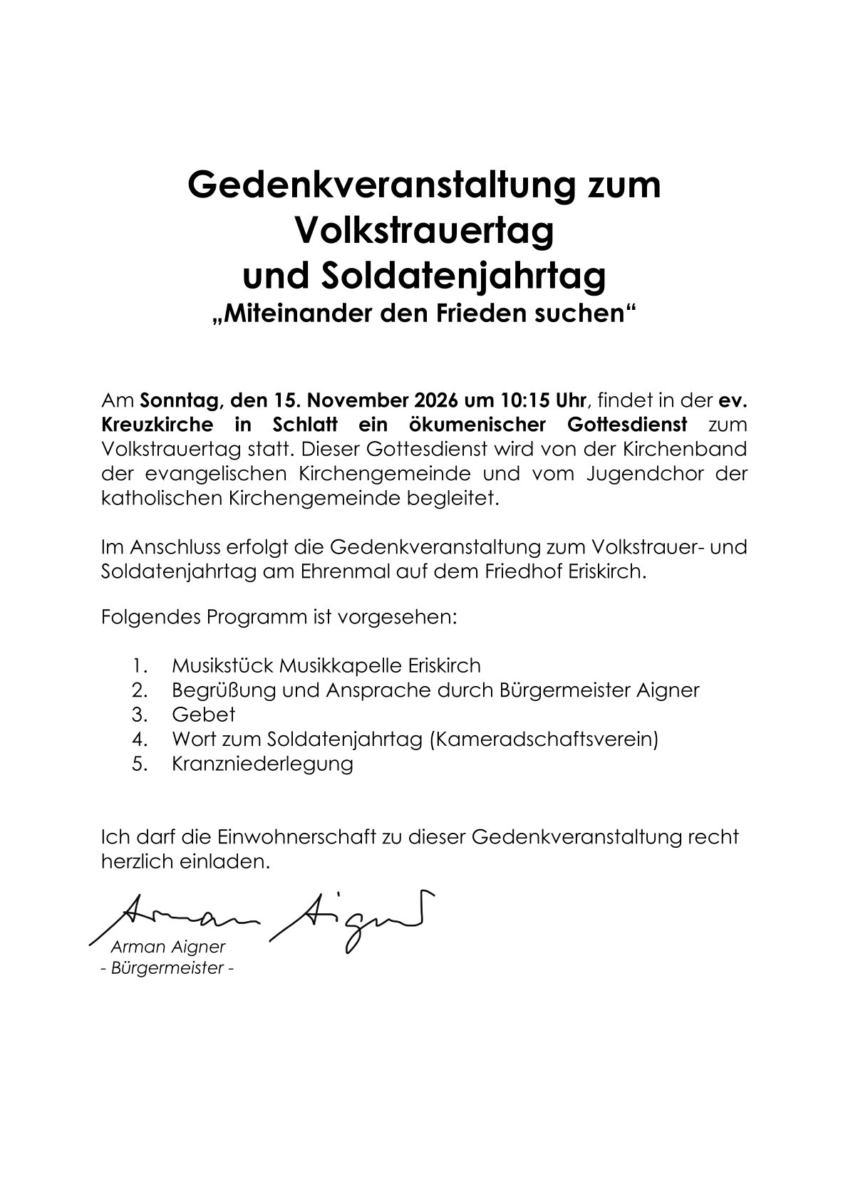 Gedenkveranstaltung zum Volkstrauertag und Soldatenjahrtag „Miteinander den Frieden suchen“
