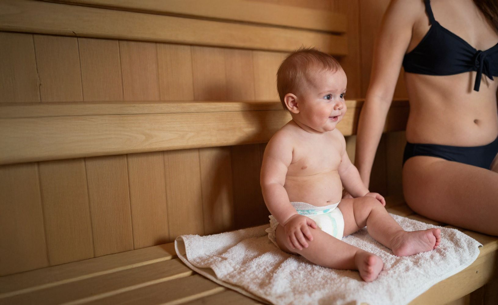 Baby sitzt mit Mutter in der Babysauna in der Sylter Welle
