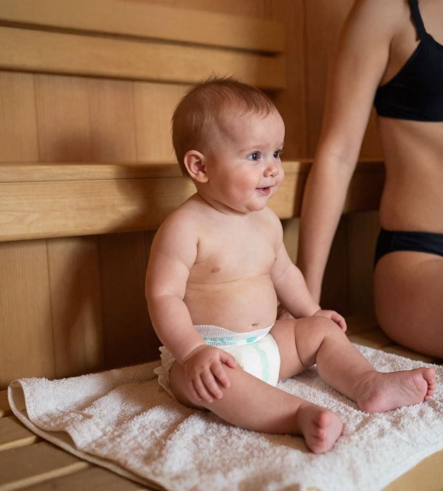Baby sitzt mit Mutter in der Babysauna in der Sylter Welle