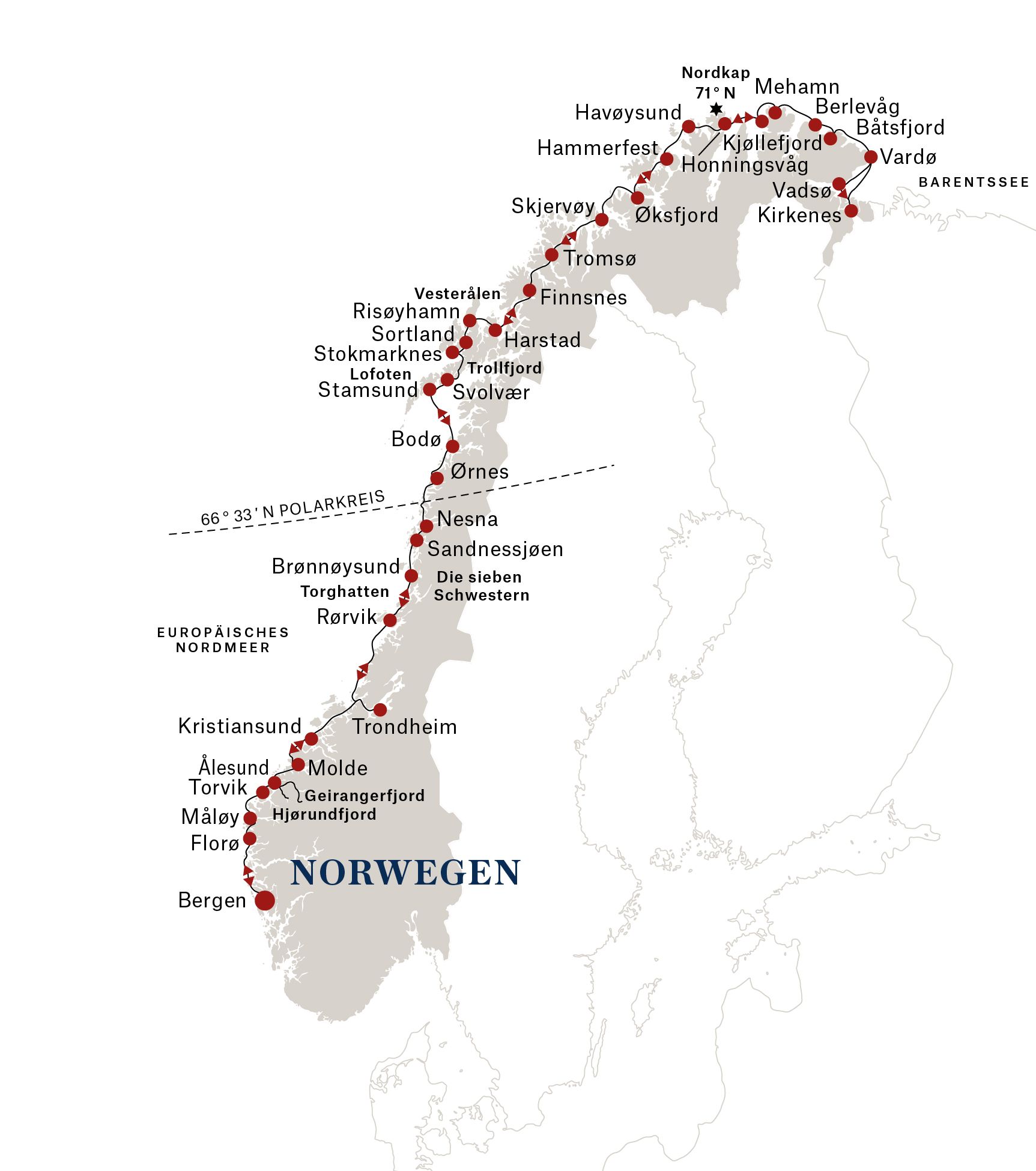 HURTIGRUTEN Postschiffroute_Norway_Bergen-Kirkenes-Bergen_Round_voyage_DE_RGB_skal_RZ