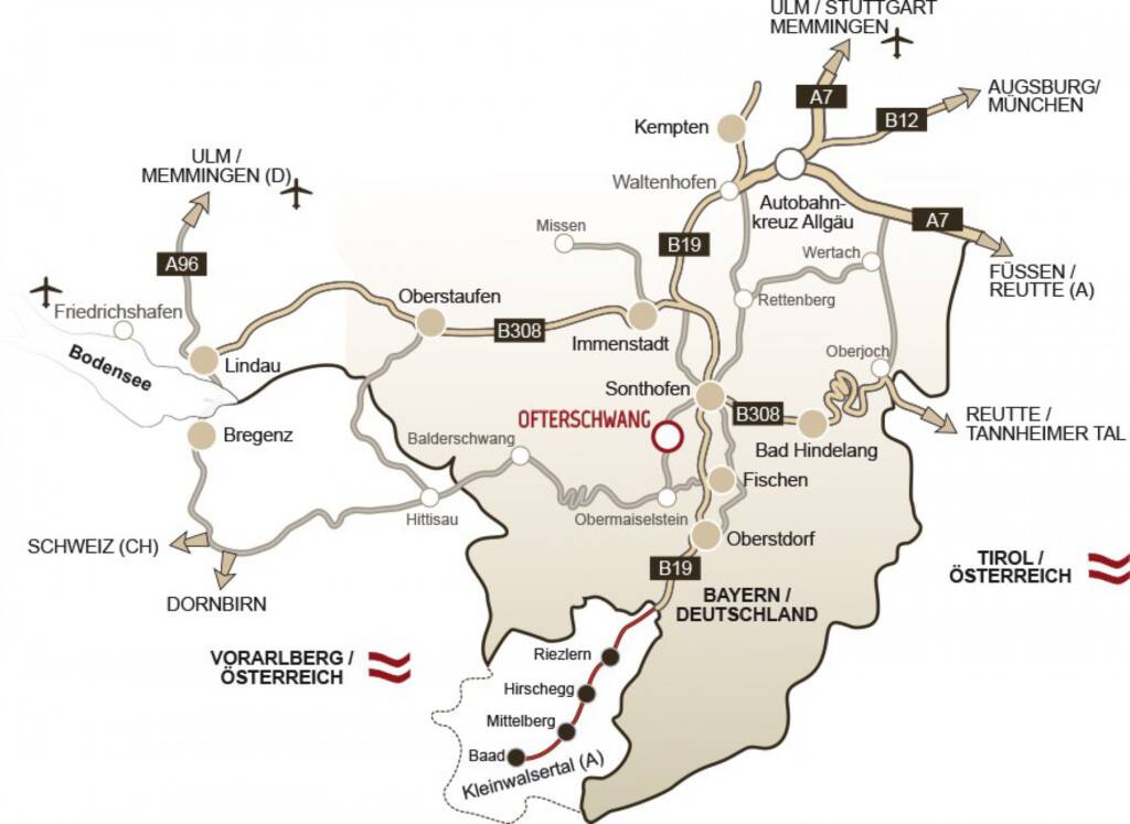 Karte, die die Lage von Ofterschwang im Allgäu zeigt. Es liegt zwischen Sonthofen und Obermaiselstein. Klicken Sie, um den Routenplaner in einem neuen Tab zu öffnen.