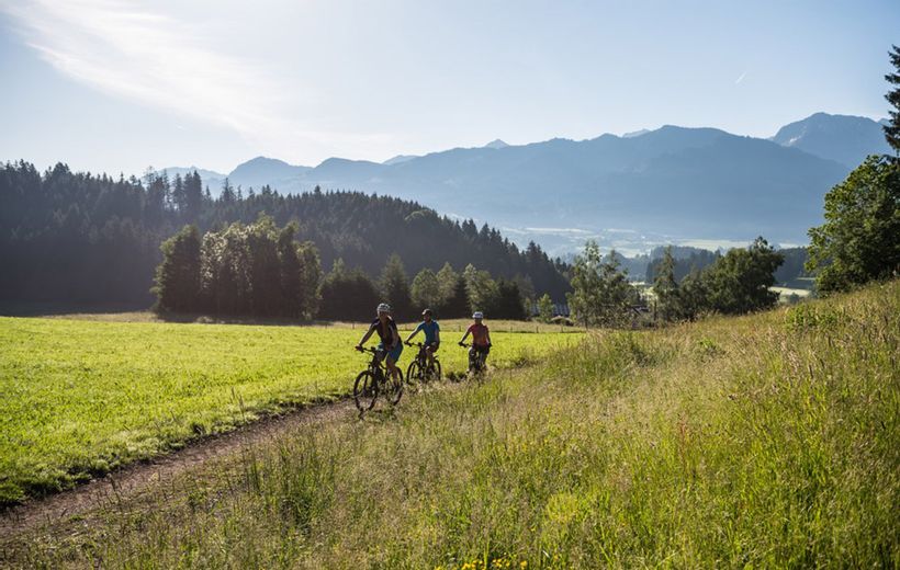 Drei Radfahrer auf einem sonnigen Feldweg bei Fischen im Allgäu – Sommerurlaub inmitten grüner Wiesen und den Allgäuer Alpen, ideal für Aktivurlaub und Radtouren.