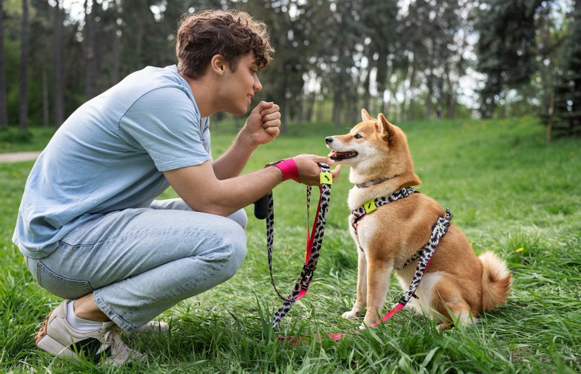 Junger Mann trainiert mit seinem Shiba Inu im Freien – aktive Hundeschule und Freizeitspaß im Allgäu.