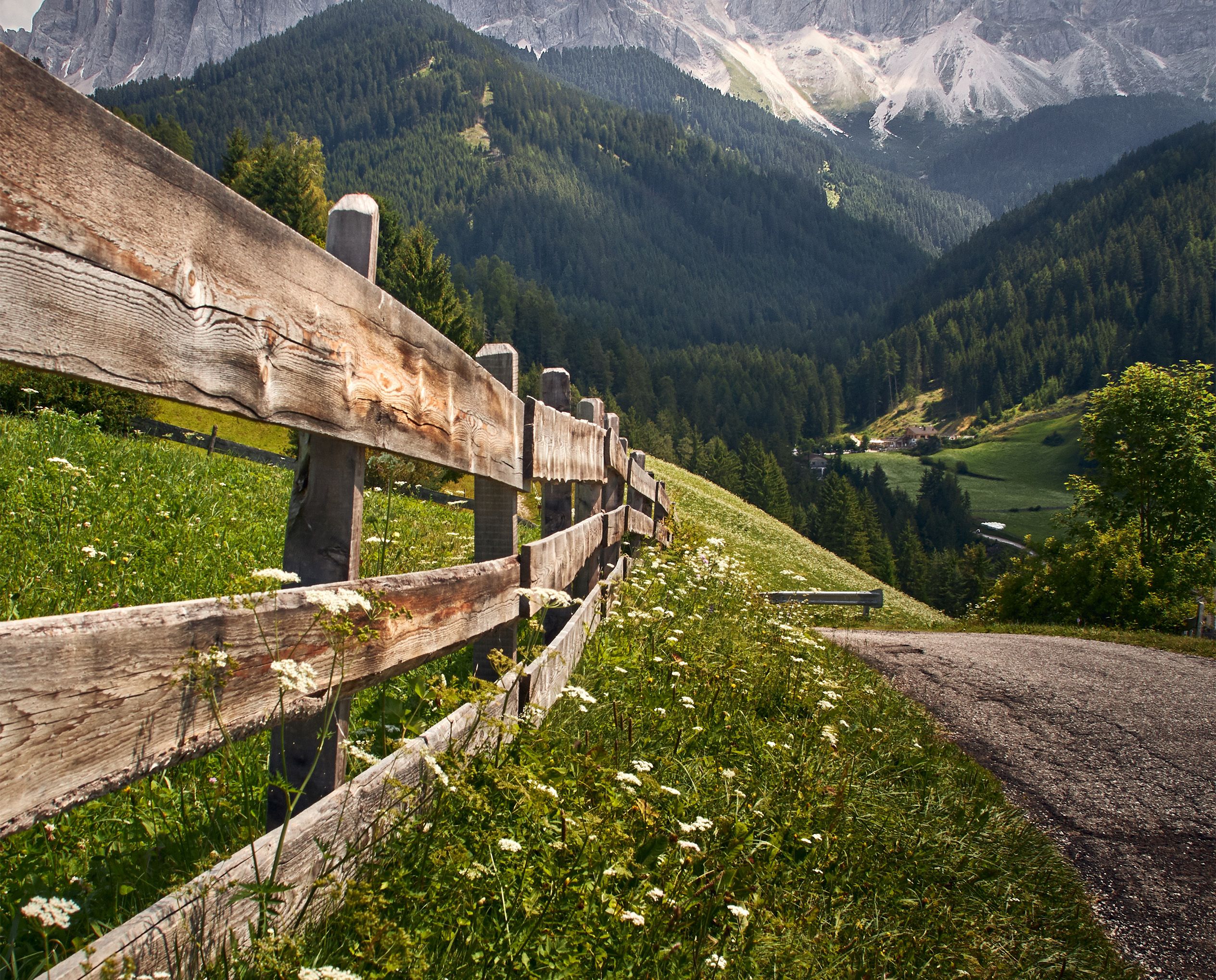 Vertikaler Blick auf einen hölzernen Zaun mit hoch aufragenden, felsigen Klippen im Funes-Tal, Südtirol, Italien – beeindruckende alpine Landschaft.
