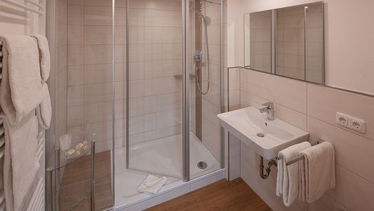 Modernes Badezimmer mit großer Glasdusche und stilvoller Einrichtung – komfortabler Wellnessbereich in einer Ferienwohnung im Allgäu.