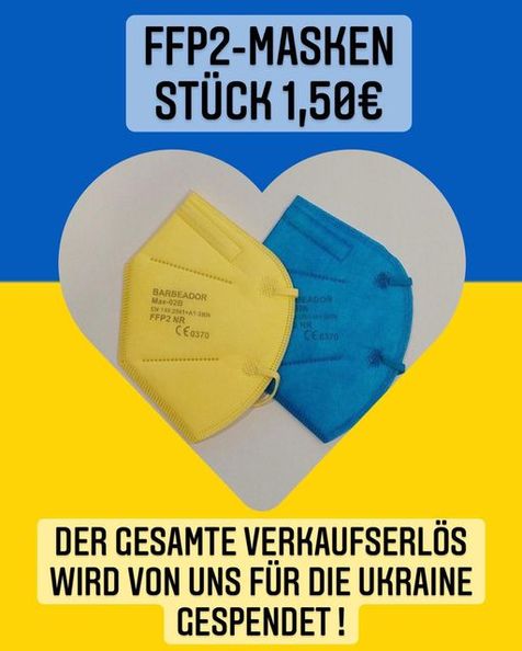 Anzeige für den Verkauf von FFP2-Masken zugunsten der Ukraine in blau und gelb