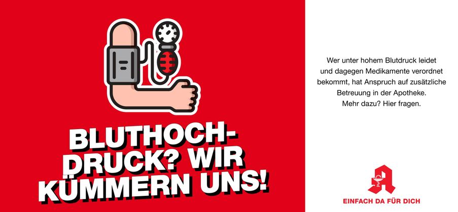 gezeichneter Oberarm mit einer Blutdruckmanschette und einem Manometer rechts davon vor rotem Hintergrund. Darunter der Schriftzug "Blutdochdruck? Wir kümmern uns!"