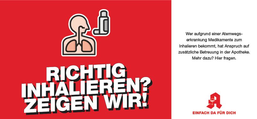 ein gezeichneter Oberkörper mit aufgezeichneten Lungen, vor dem Mund ein Inhalator, darunter der Schriftzug "Richtig inhalieren? Zeigen wir!" vor rotem Hintergrund