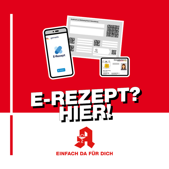 Ein Handy mit geöffneter Gematik-App, ein ausgedrucktes Erezept und eine Versichertenkarte vor rotem Hintergrund. Darunter der Schriftzug "E-Rezept? Hier!"