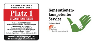 Logo generationenkompetenter Service mit 2 Händen und Logo Platz 1 vom Heidenheimer Kundenspiegel
