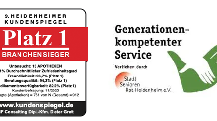 Logo generationenkompetenter Service mit 2 Händen und Logo Platz 1 vom Heidenheimer Kundenspiegel