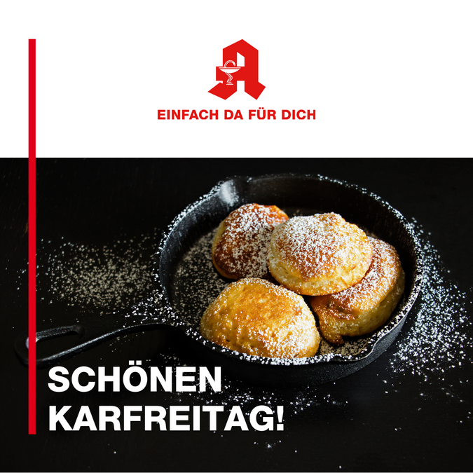 In einer gusseisernen Pfanne liegen vier Krapfen mit Puderzucker bestäubt, darüber der Schriftzug "Schönen Karfreitag"