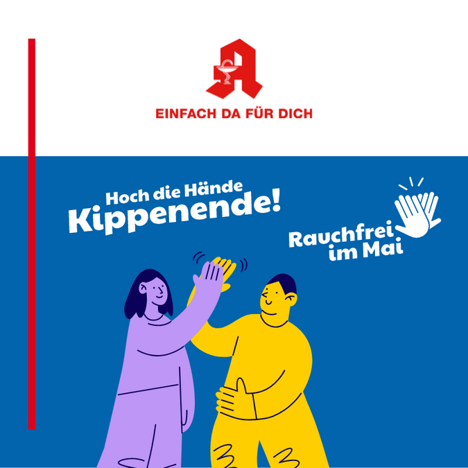 Zwei gemalte Menschen geben sich ein High Five. Daüber der Schriftzug "Hoch die Hände, Kippenende! Rauchfrei im Mai"