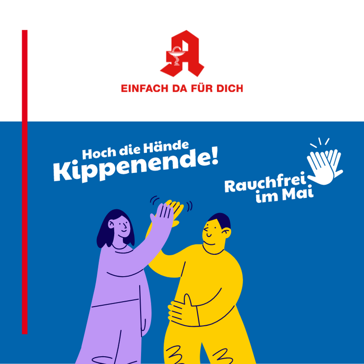 Zwei gemalte Menschen geben sich ein High Five. Daüber der Schriftzug "Hoch die Hände, Kippenende! Rauchfrei im Mai"