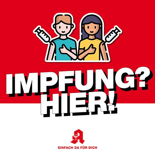 Zwei gemalte Menschen mit Spritze im Arm, dazu der Schriftzug "Impfung? Hier!"