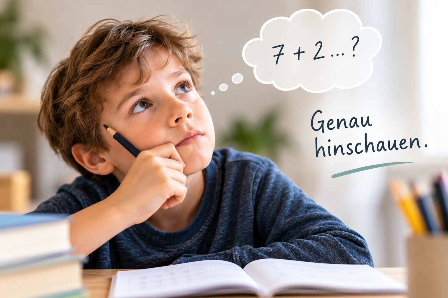 Kind beim Nachdenken über eine Rechenaufgabe – mathematische Grundfertigkeiten im Lerncoaching