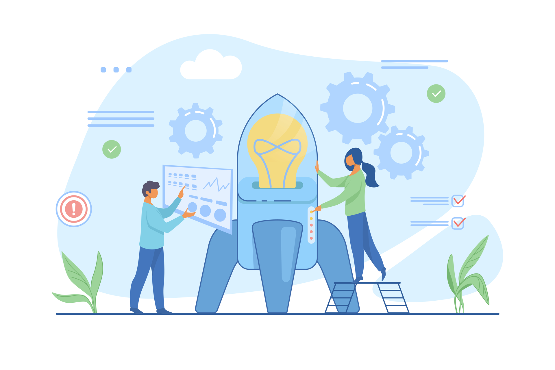 Illustration – Mann und Frau starten eine Rakete