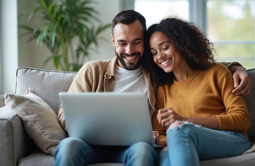 Smiling multiracial couple watches computer laptop sitting on sofa at home. Diverse husband, wife using pc online services. Technology lifestyle concept. Booking tickets shopping online.