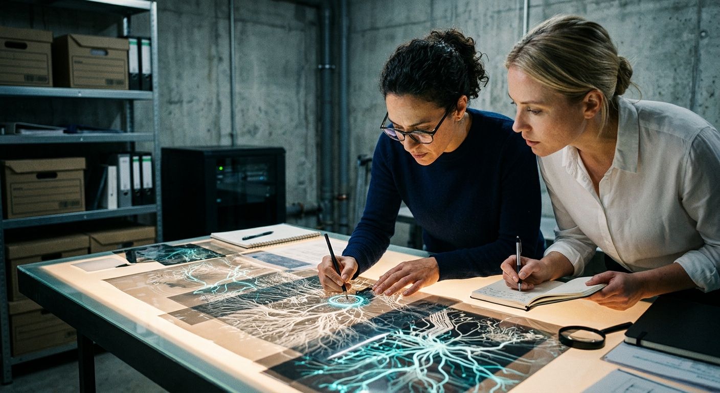 Zwei Analystinnen beugen sich in einem Archivraum über einen Leuchttisch und untersuchen akribisch verzweigte, leuchtende Netzwerkstrukturen und Datenpläne. Die visuelle Analyse symbolisiert die Aufdeckung verborgener Risiken und unzähliger versteckter Schwachstellen tief in der Website-Architektur. (KI-generiertes Bild)